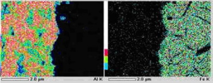 Al + Zn coating at cast iron interface in characteristic Al and Fe emissions.